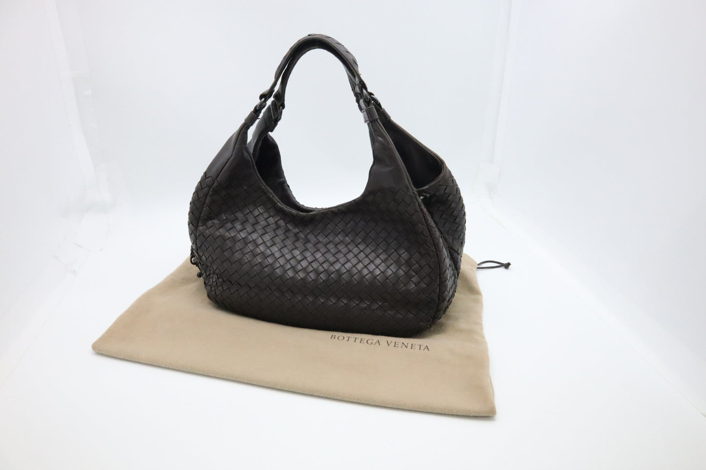 Bottega Veneta Campana Shoulder Bag in Dark Brown Intrecciato Leather