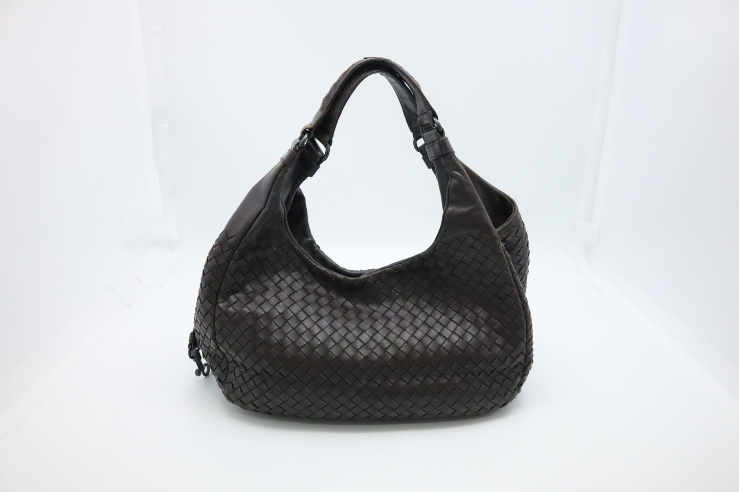 Bottega Veneta Campana Shoulder Bag in Dark Brown Intrecciato Leather