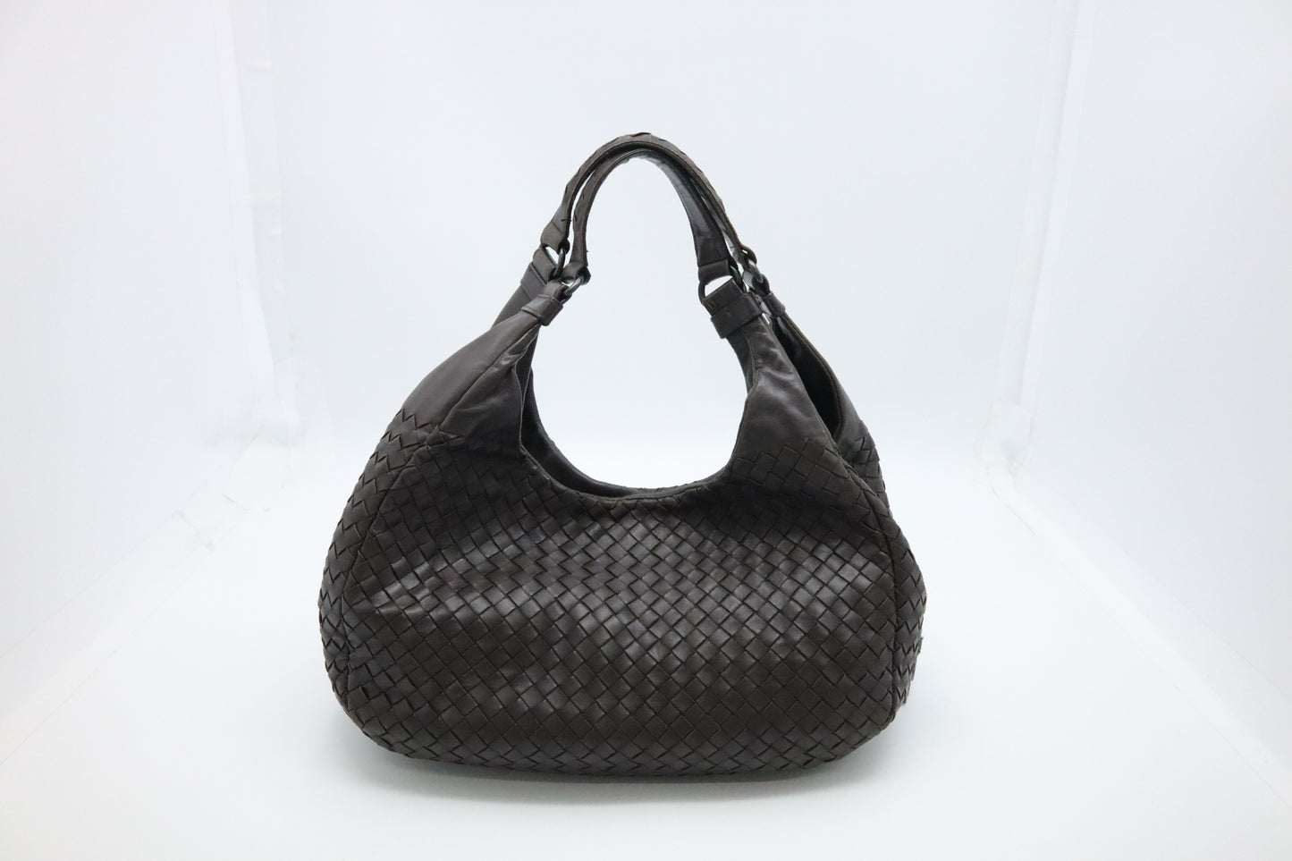 Bottega Veneta Campana Shoulder Bag in Dark Brown Intrecciato Leather