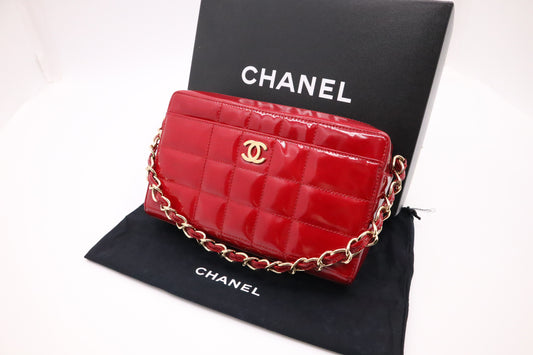 Chanel Chocobar Chain Hand Bag in Red Patent Leather