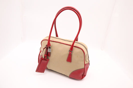 Prada Bowling Bag in Red Leather and Brown Canvas